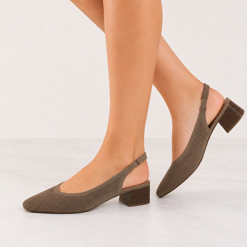 Me Too Pip Womens Taupe Knit Slingback Block Heel Square Toe Pumps Size 9.5M